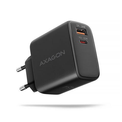 AXAGON ACU-PQ45 zidni punjač 1xUSB-A QC4, 1xUSB-C PD 20/45W, crni